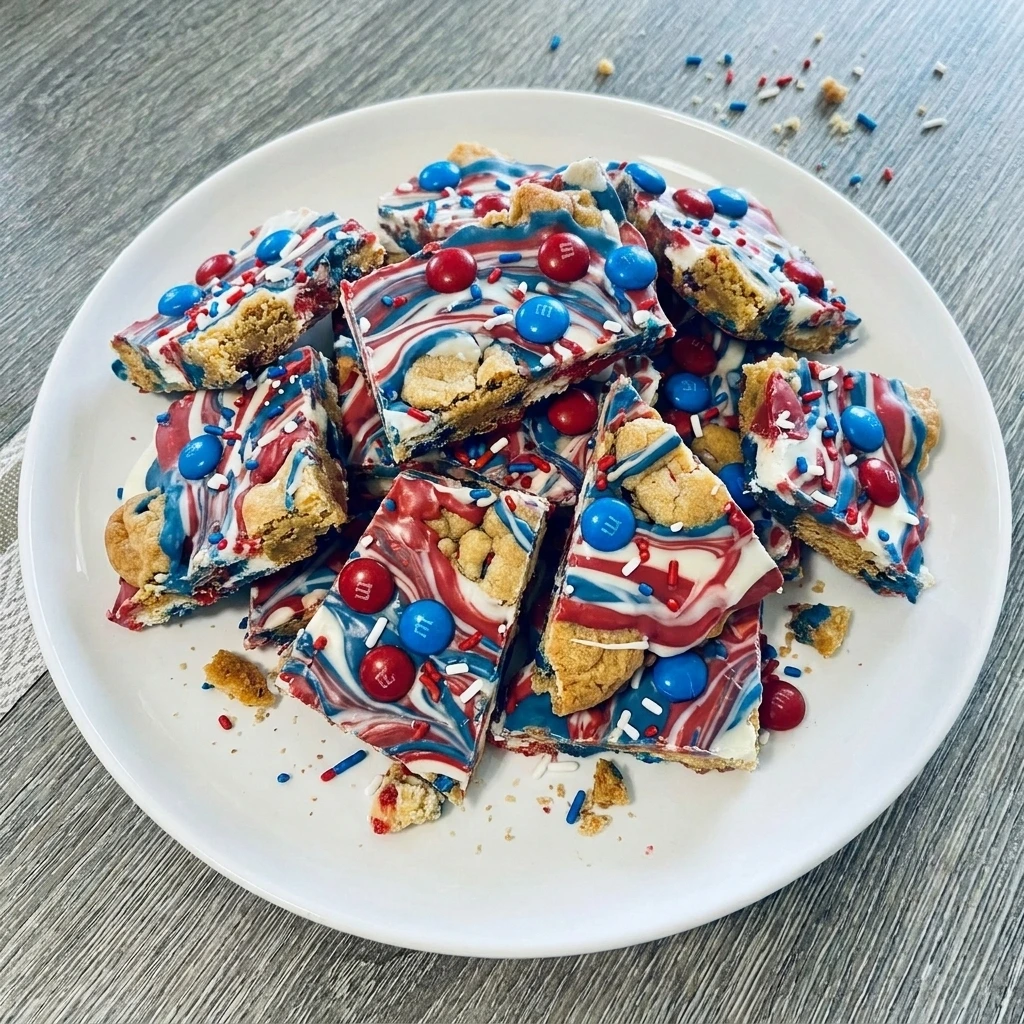 Patriotic Red White and Blue Cookie Bark with cookies and candy pieces