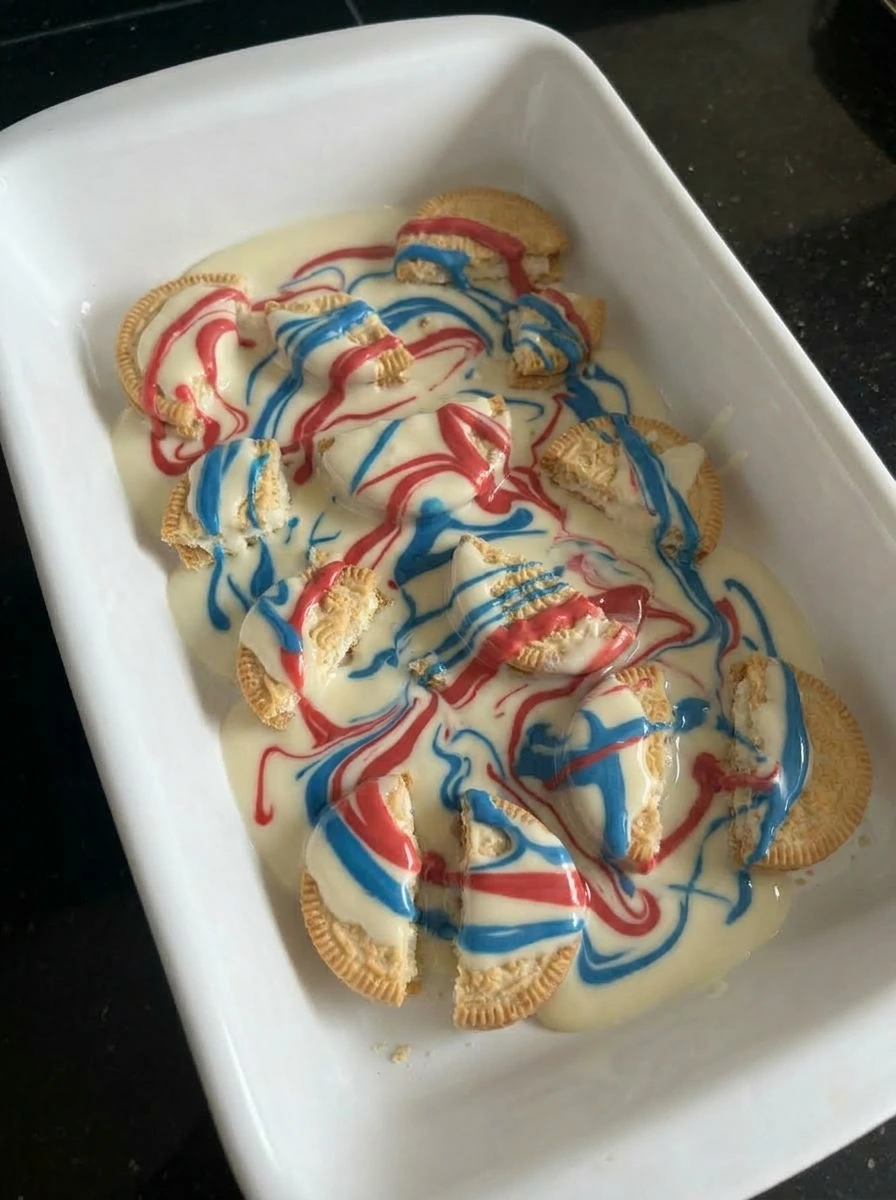 Red and blue swirls in cookie bark