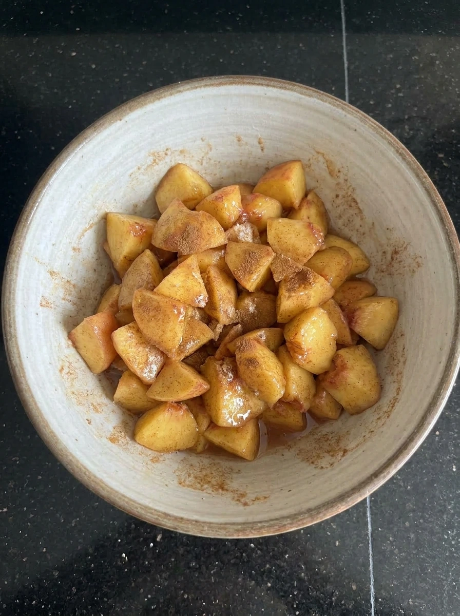 Peaches coated with cinnamon and cornstarch filling.