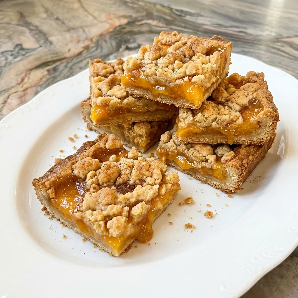 Golden Peach Bars with buttery crumble topping and juicy peach filling.