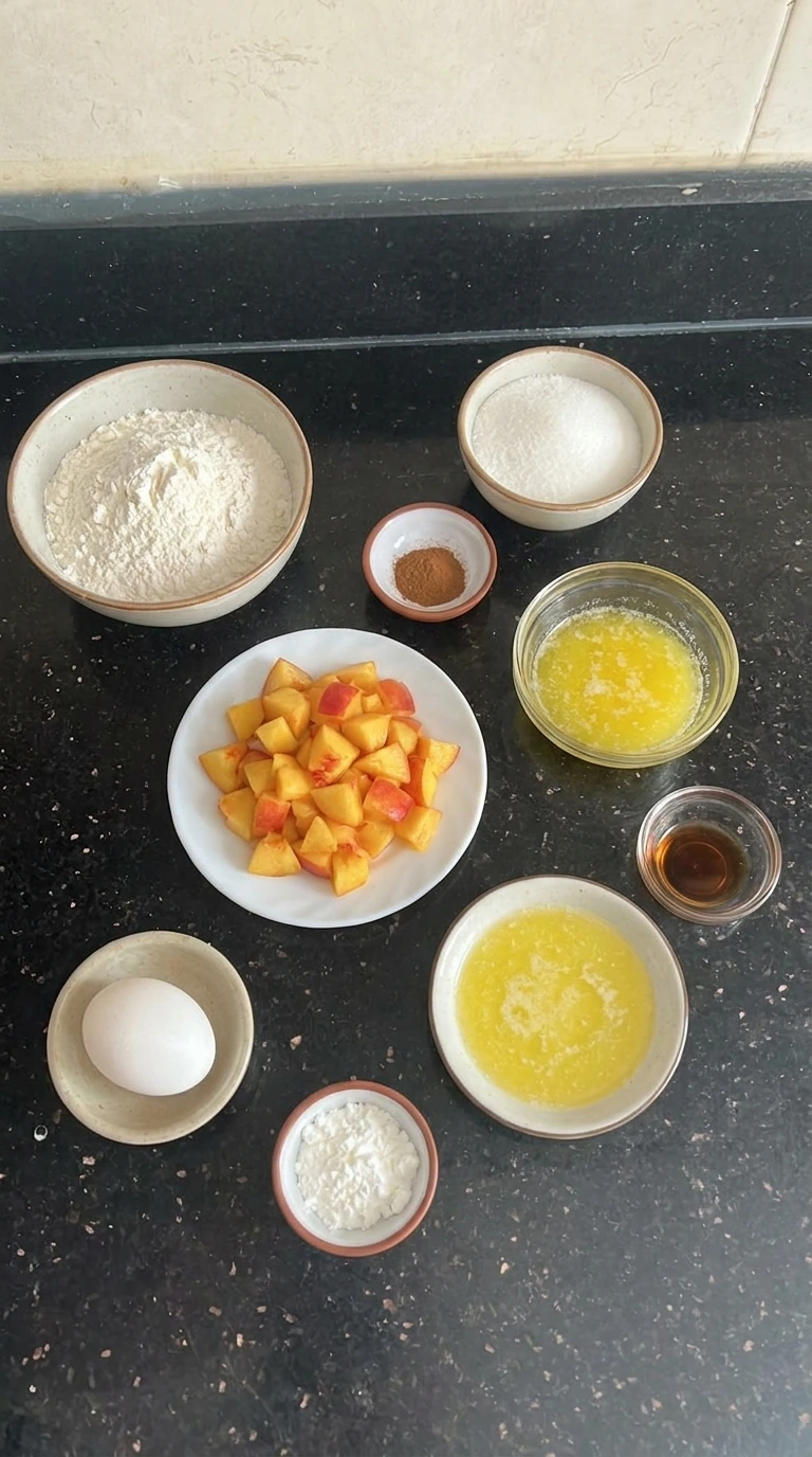 Ingredients for Peach Bars arranged in separate containers.