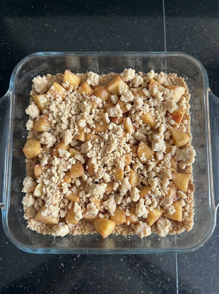 Peach filling layered with crumble topping in baking dish.
