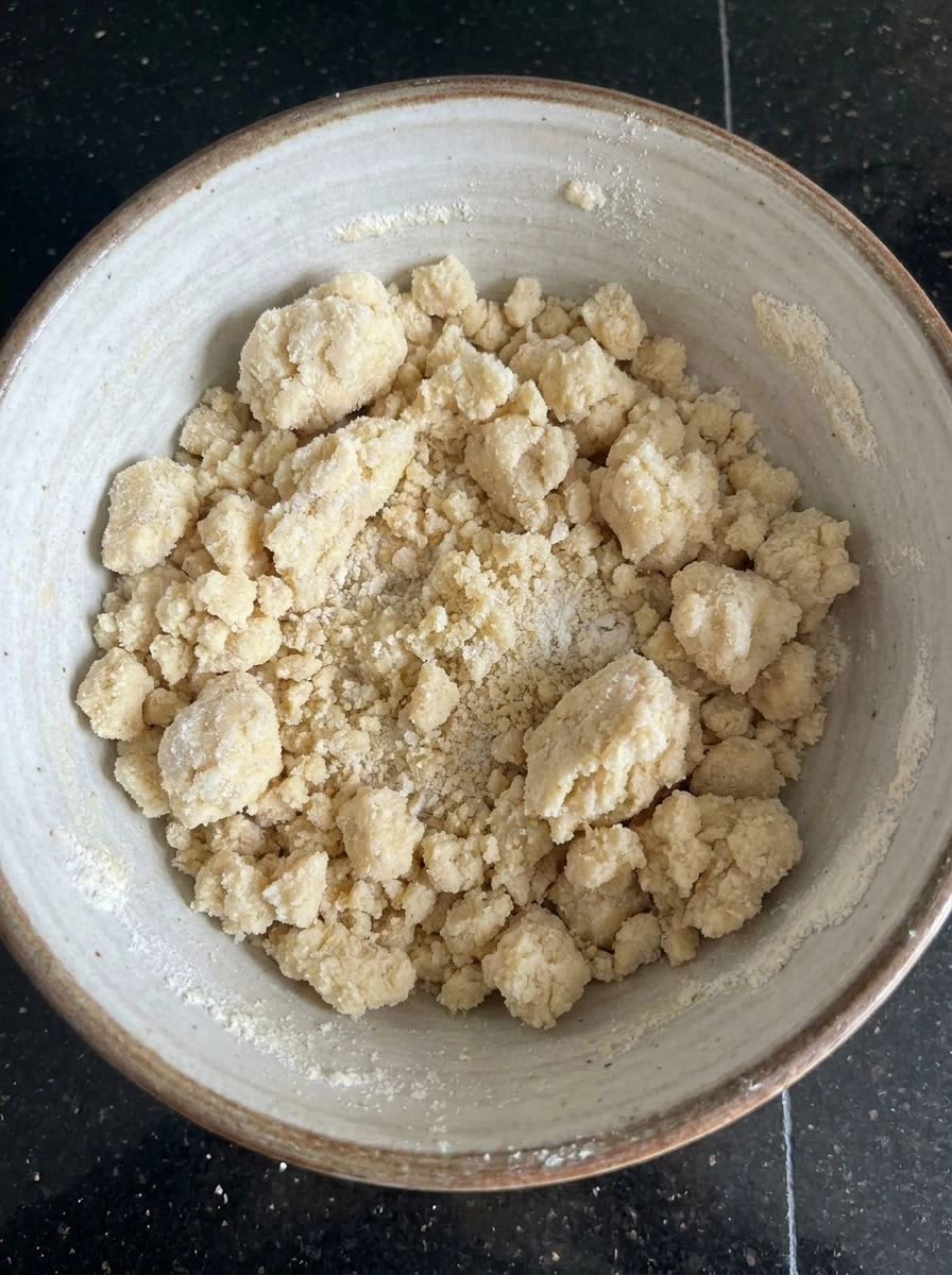 Buttery crumble mixture pressed into baking dish.