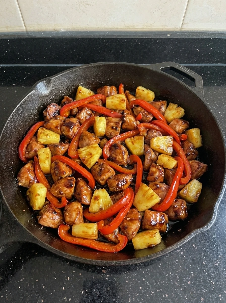 Chicken pineapple and peppers cooking together
