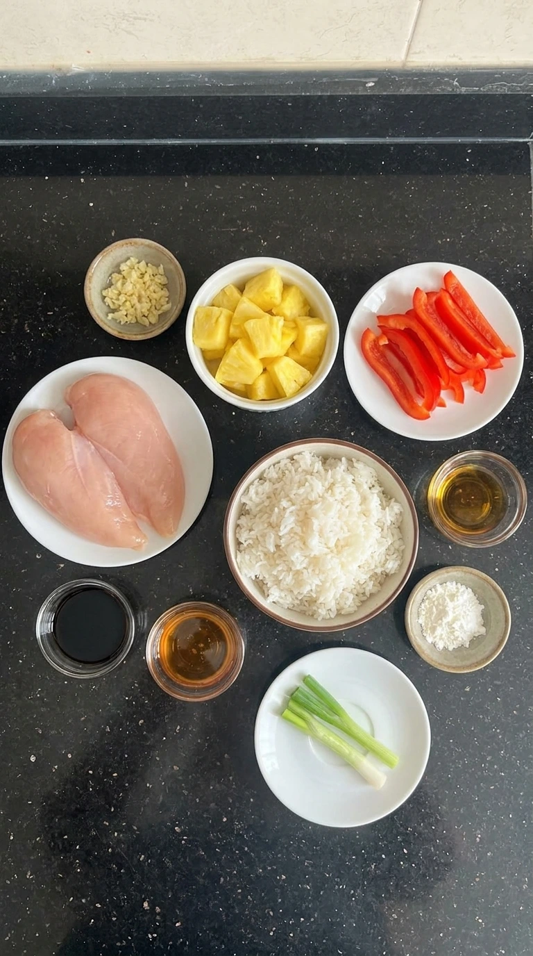 Ingredients for Pineapple Chicken Rice Bowl in separate containers