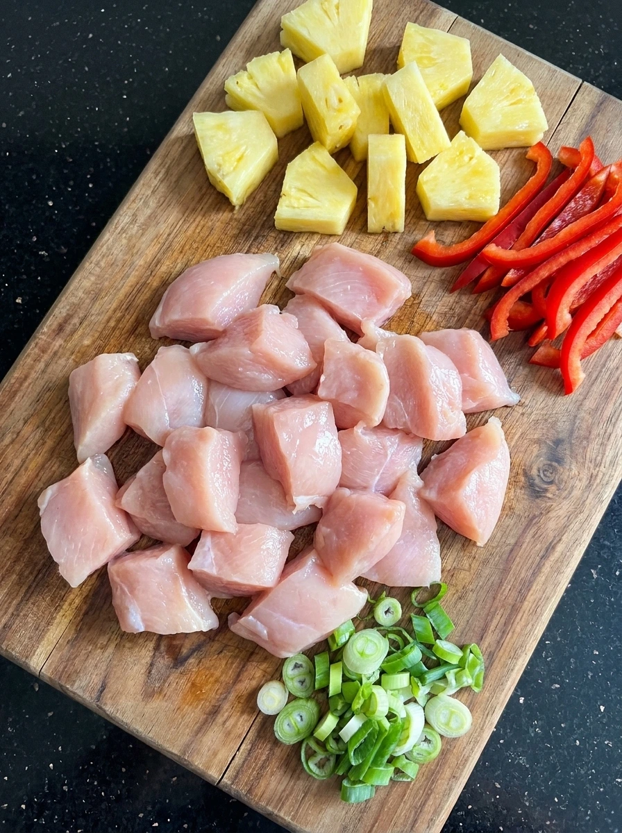 Sliced chicken pineapple and peppers for Pineapple Chicken Rice Bowl