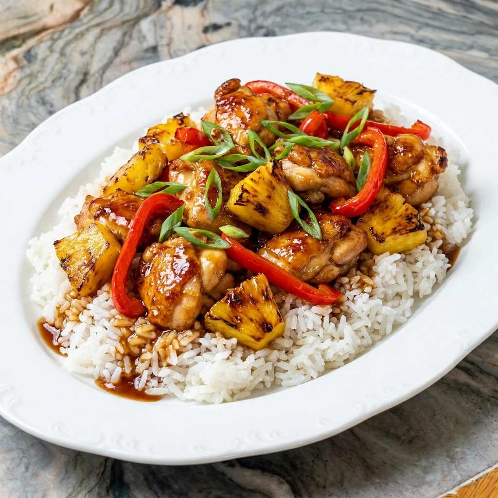 Pineapple Chicken Rice Bowl with rice chicken pineapple and peppers