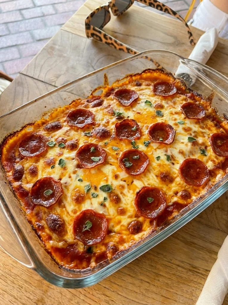cheesy baked pizza dip with pepperoni