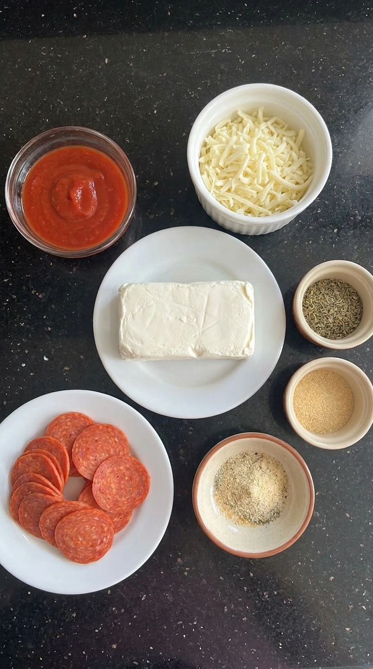 pizza dip ingredients in separate bowls
