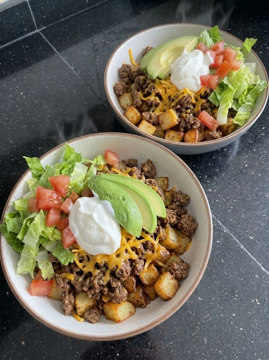 Potato Taco Bowl layered with toppings.