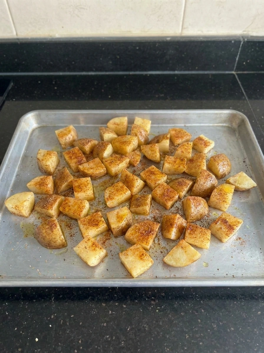 Crispy roasted potato cubes on a baking tray.
