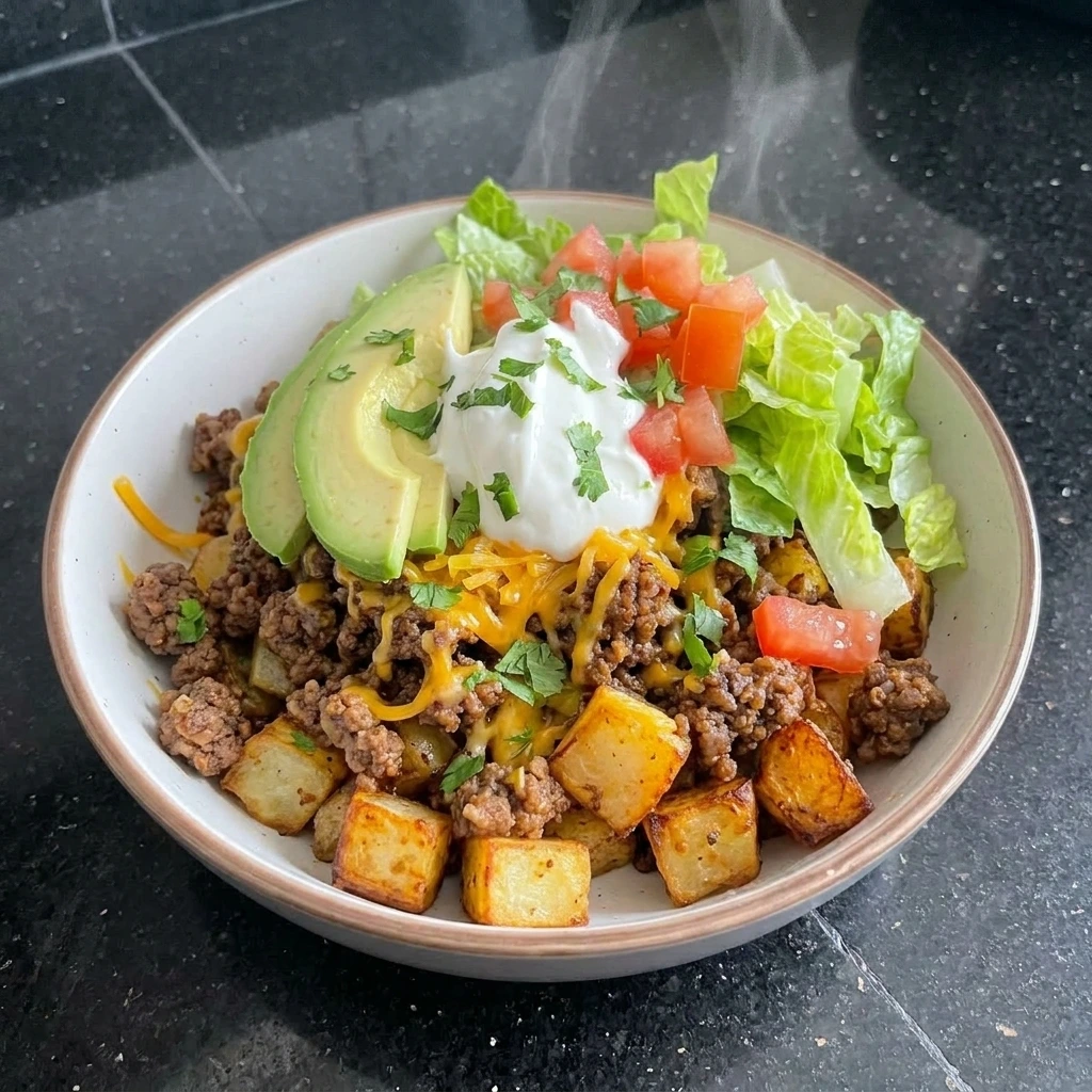 Potato Taco Bowl with crispy potatoes taco beef cheese and avocado.