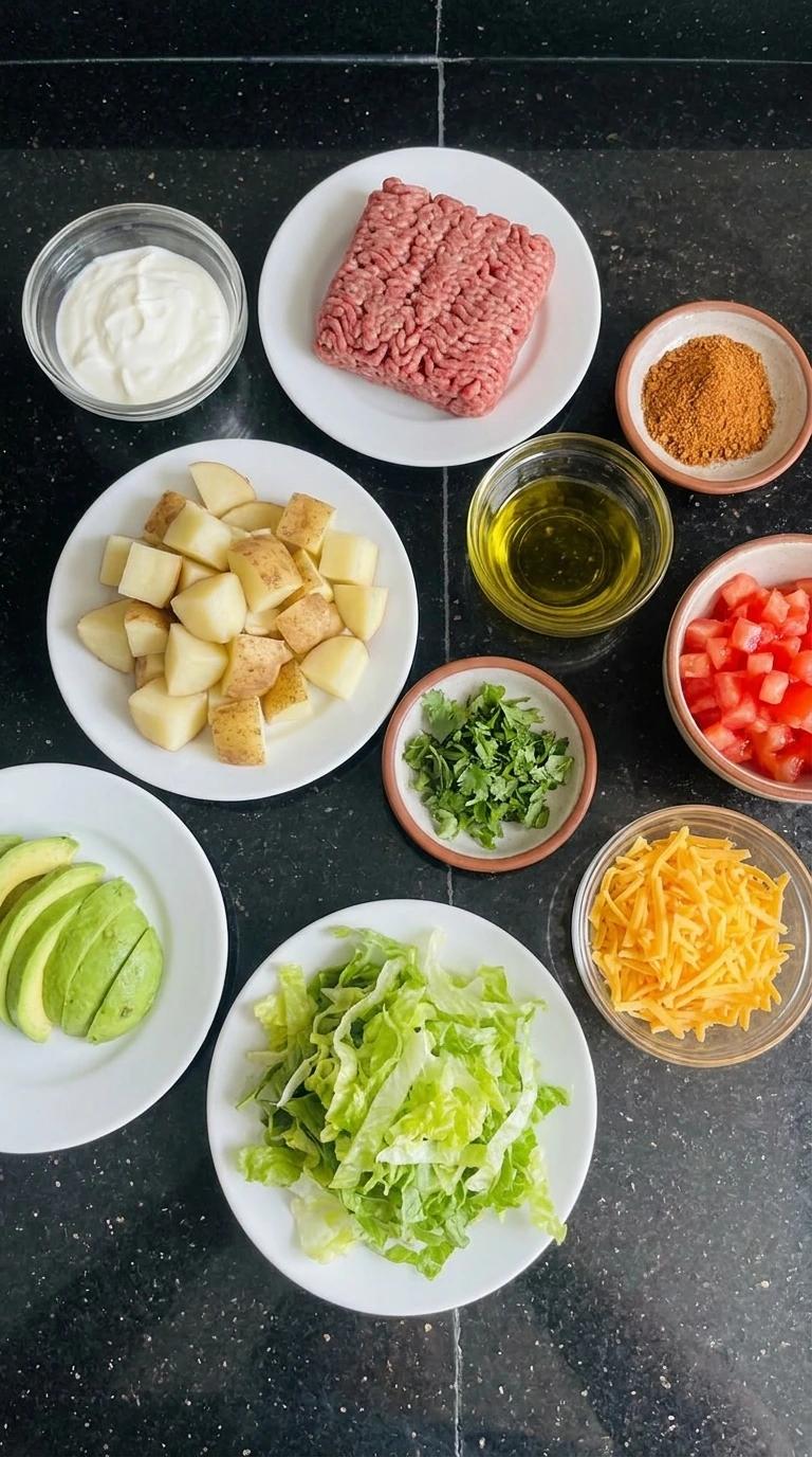 Ingredients for Potato Taco Bowl in separate containers.