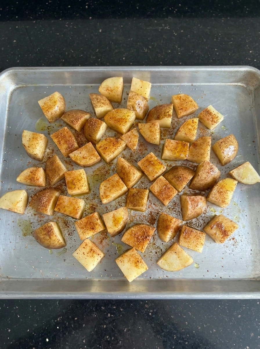 Seasoned potato cubes spread on a sheet pan.