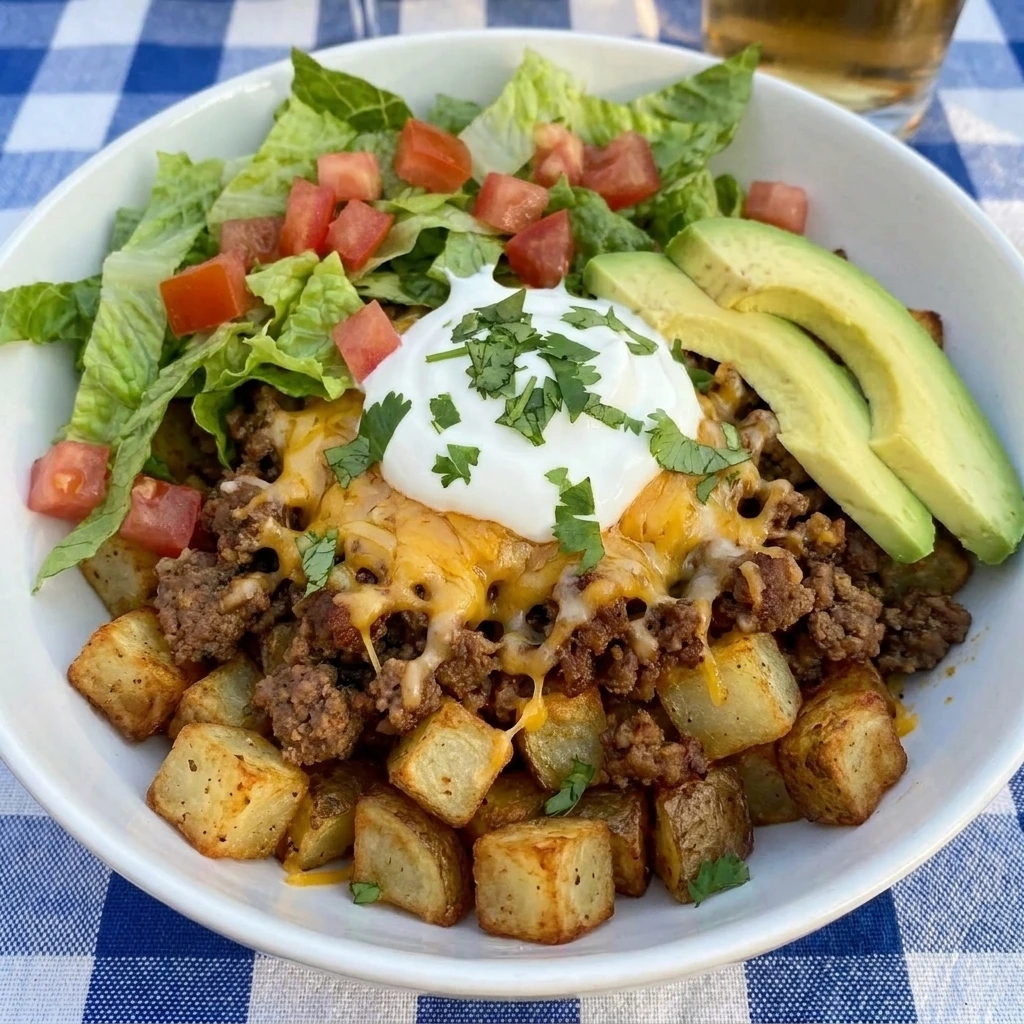 Single serving Potato Taco Bowl with toppings.