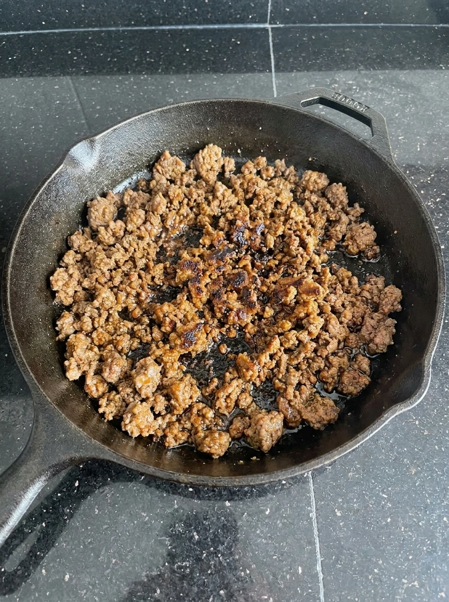 Seasoned taco beef cooking in a skillet.