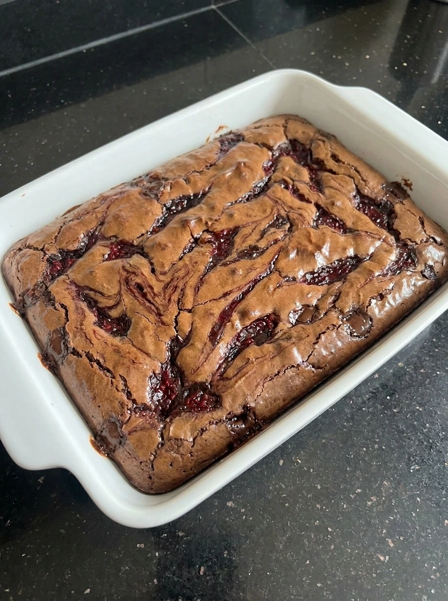 Fresh baked Raspberry Swirl Brownies with crackly tops