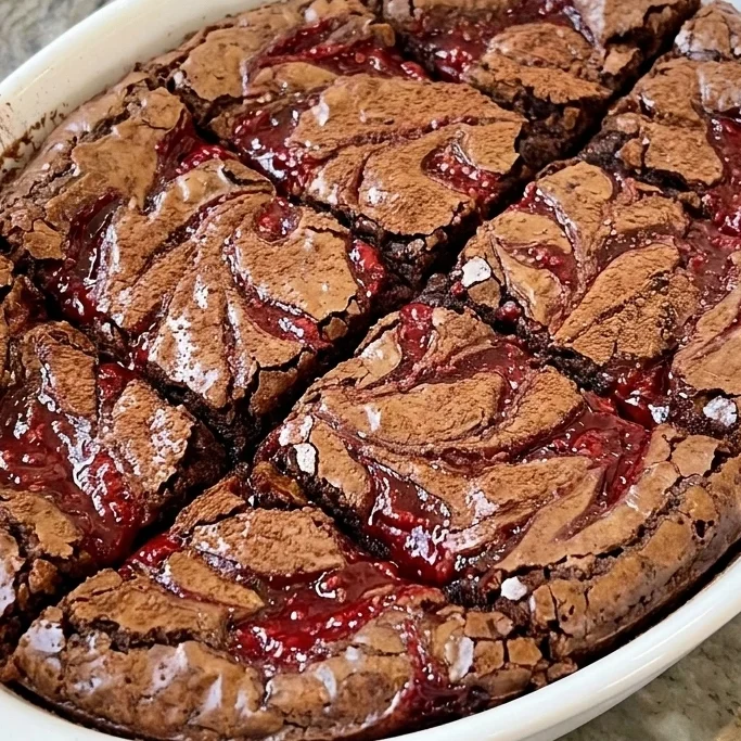 Fudgy Raspberry Swirl Brownies with raspberry swirls and chocolate texture