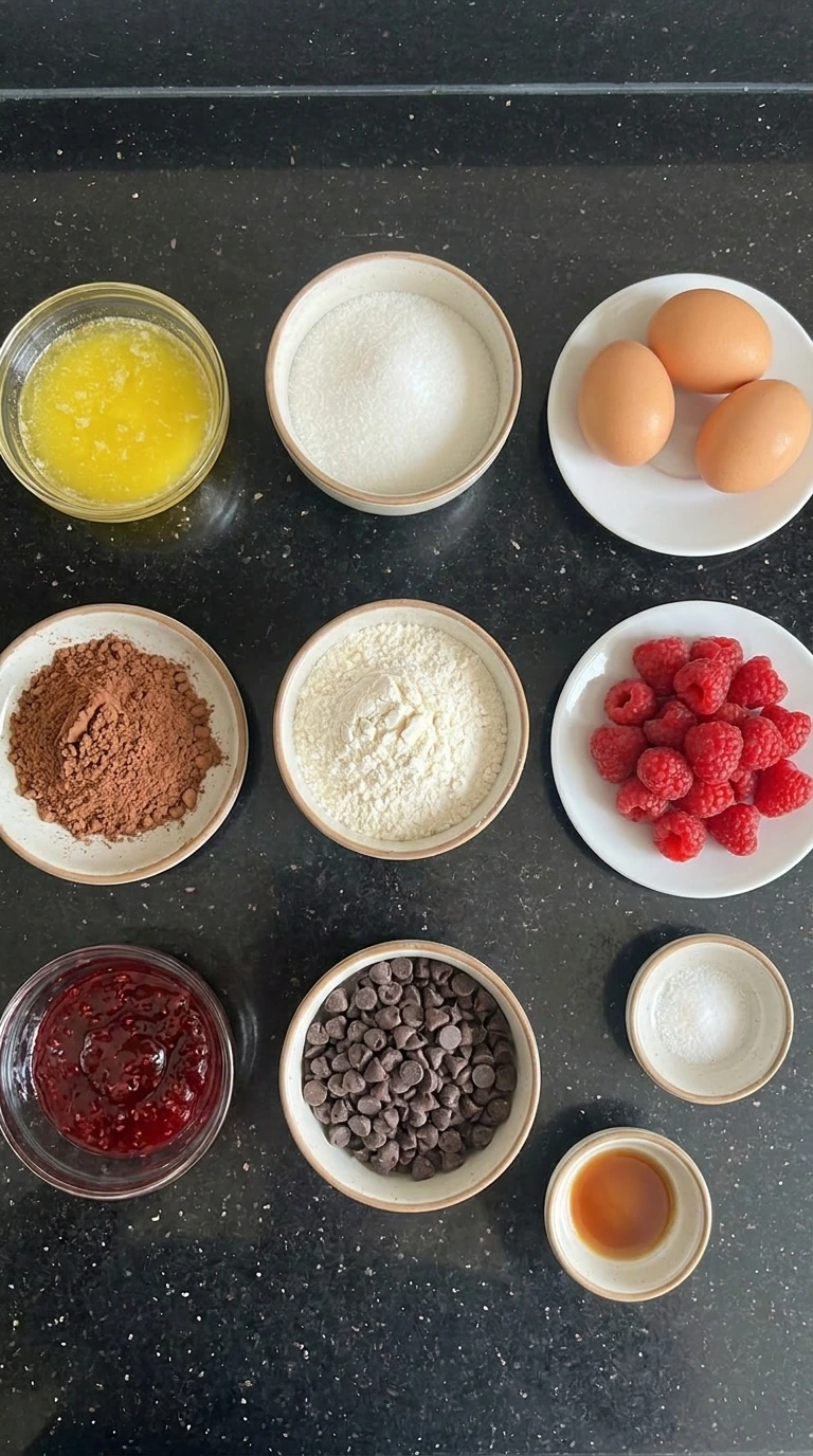 Ingredients for Raspberry Swirl Brownies in separate containers