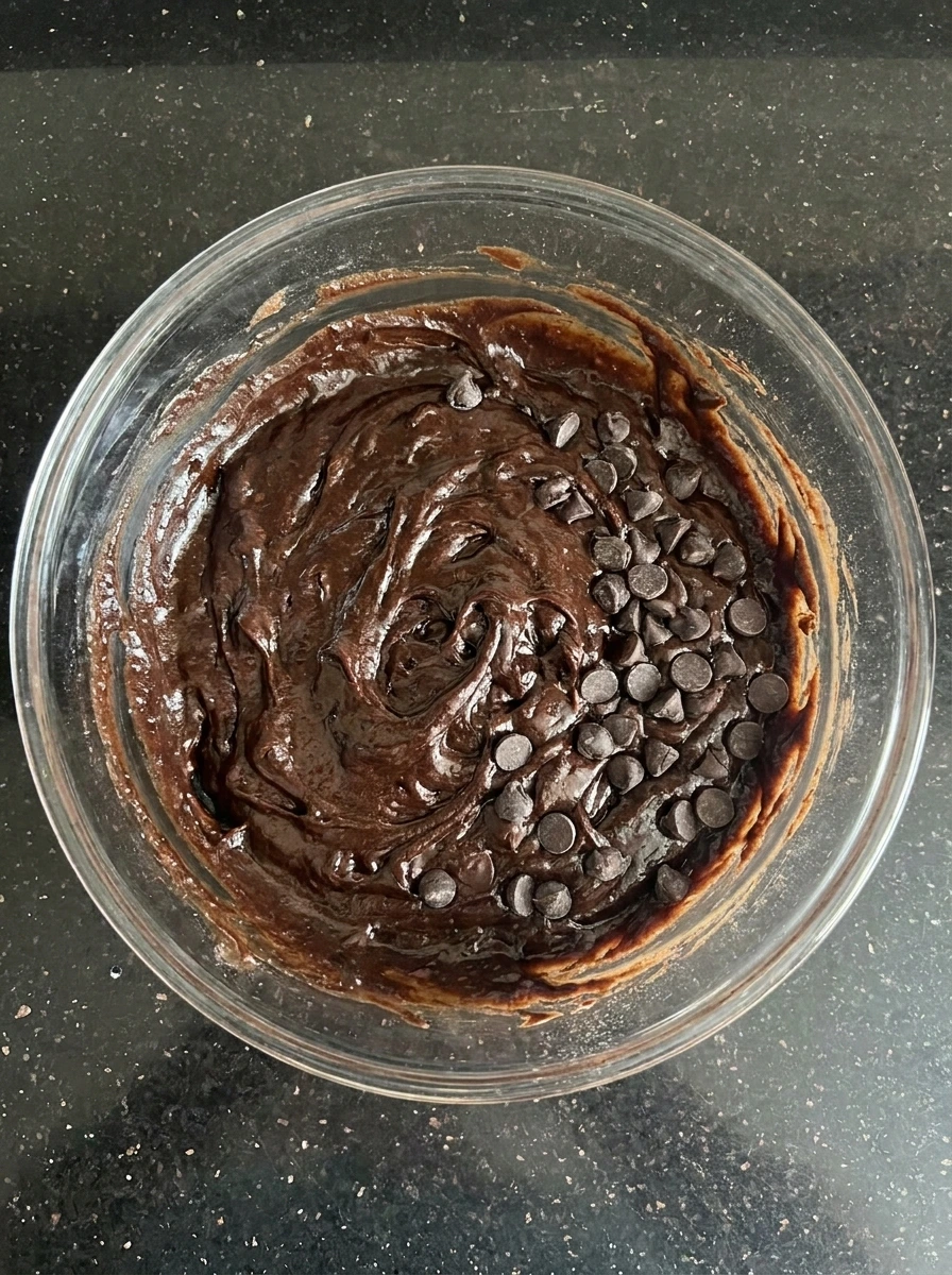Mixing thick chocolate brownie batter with chocolate chips