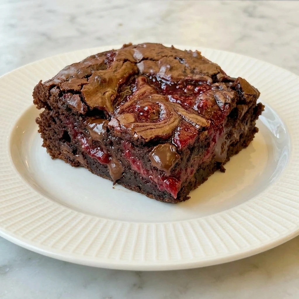 Served Raspberry Swirl Brownie with visible raspberry layers