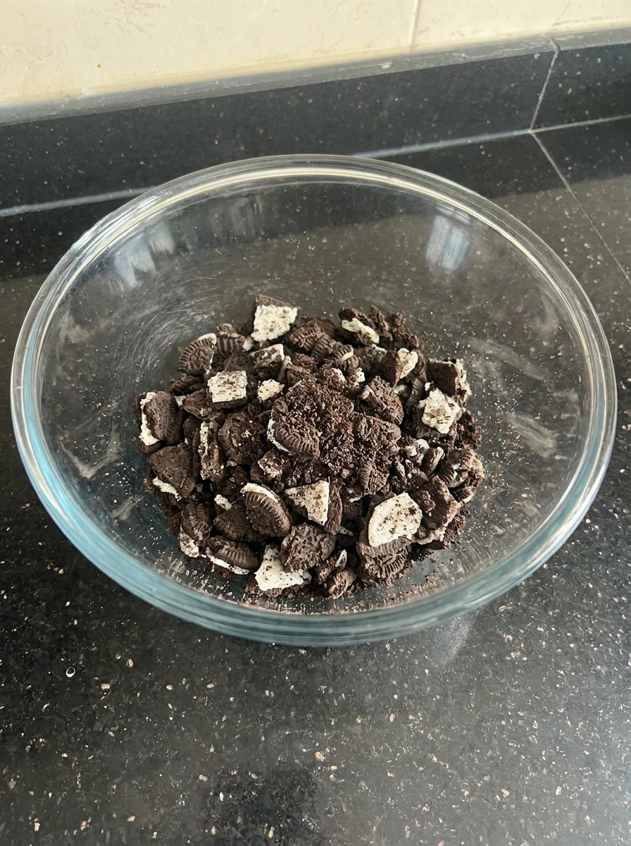 Chocolate sandwich cookies crushed into crumbs