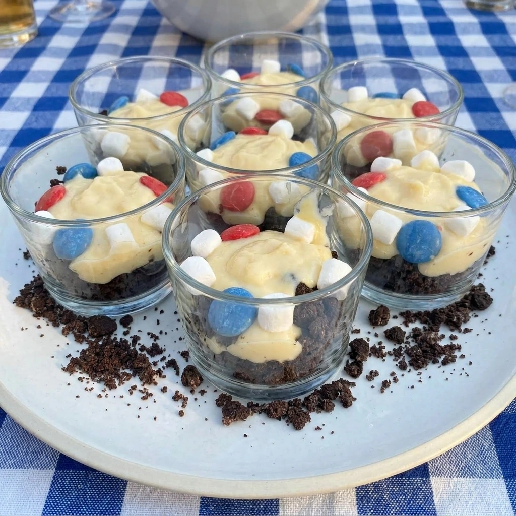 Finished Red White and Blue Dirt Cups with toppings