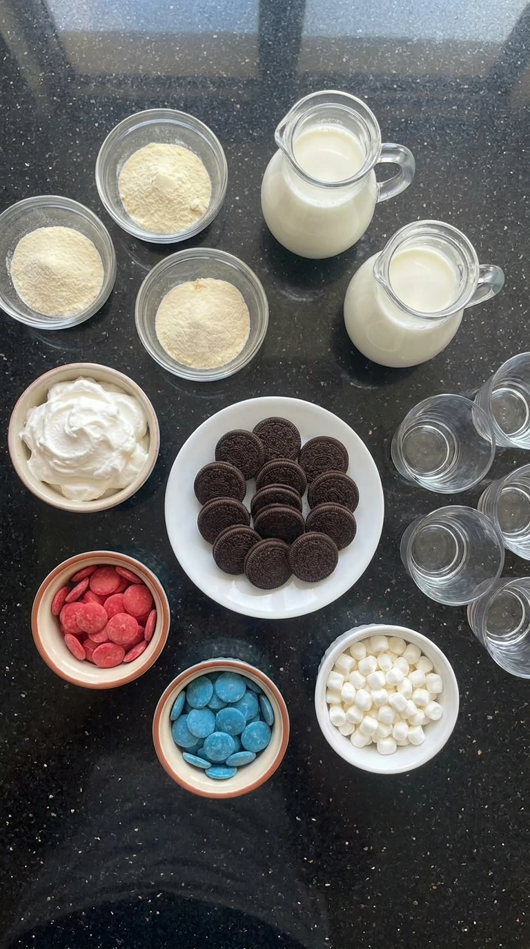 Ingredients for Red White and Blue Dirt Cups in separate containers