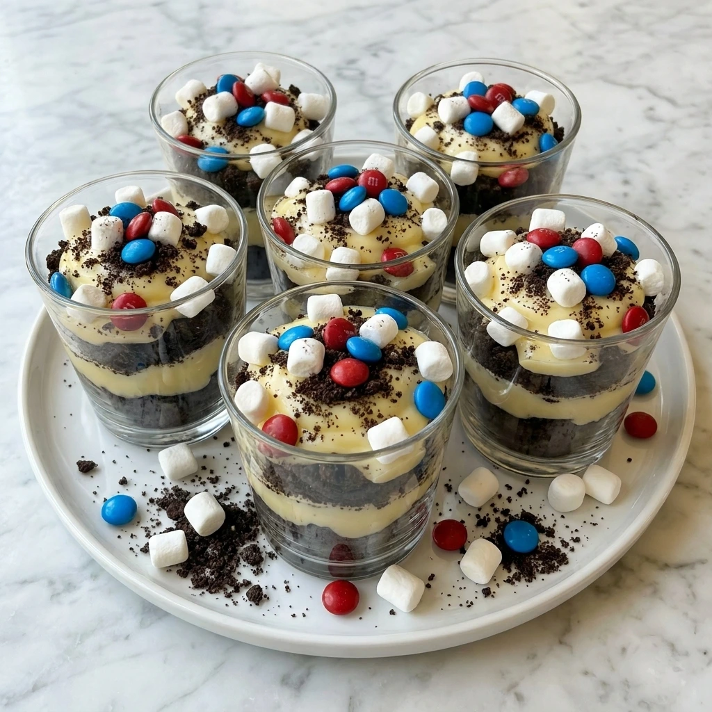 Red White and Blue Dirt Cups layered with pudding and cookie crumbs