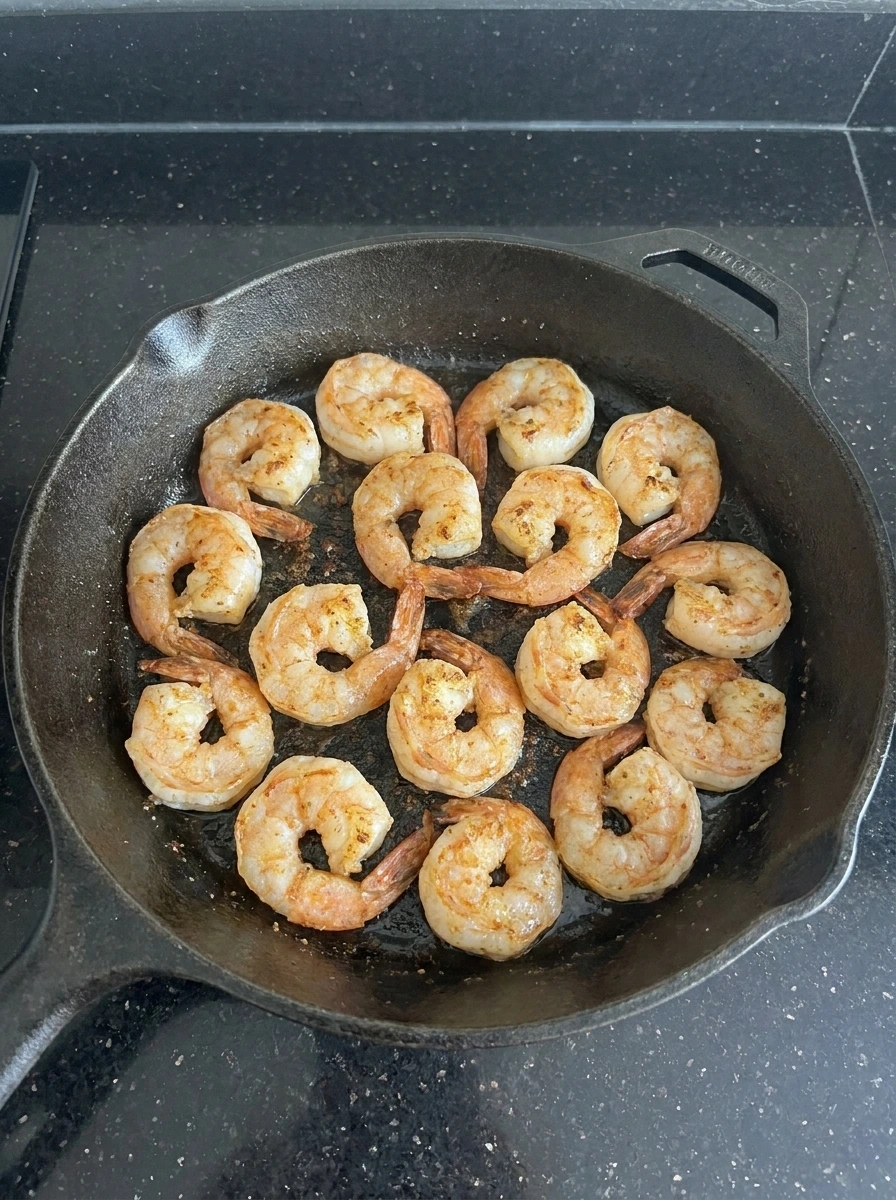 Cooked shrimp in skillet