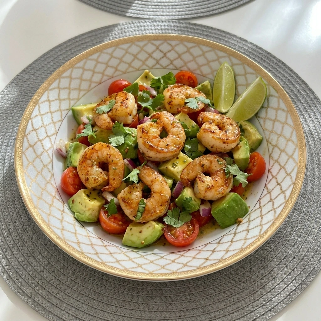 Fresh shrimp avocado salad with tomatoes and cucumbers