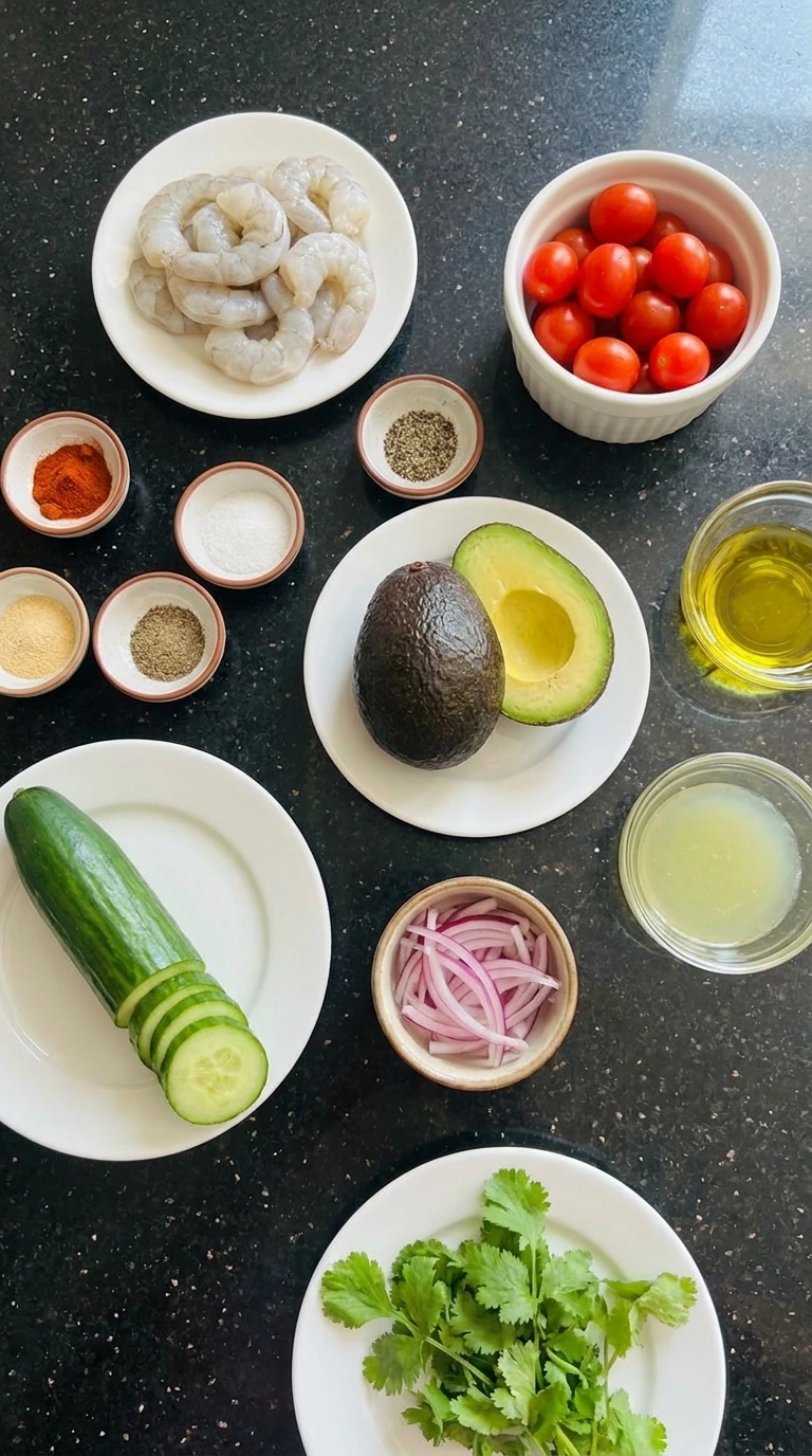 Ingredients for shrimp avocado salad in separate bowls