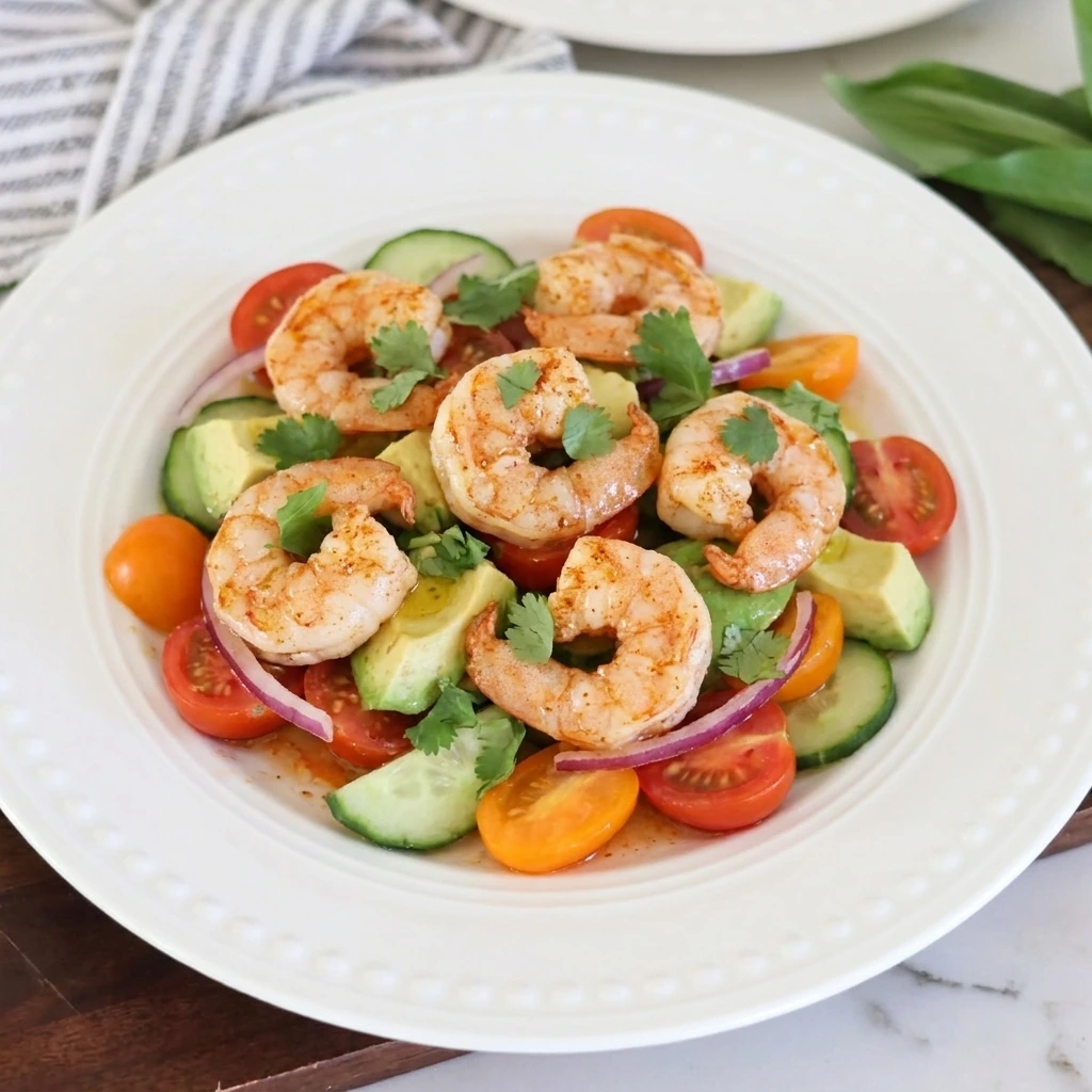Served shrimp avocado salad on white plate