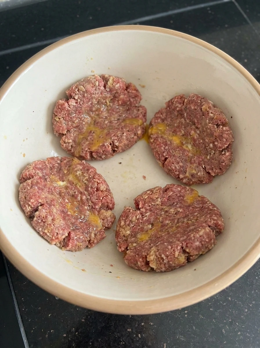 Raw Salisbury steak patties shaped from seasoned beef