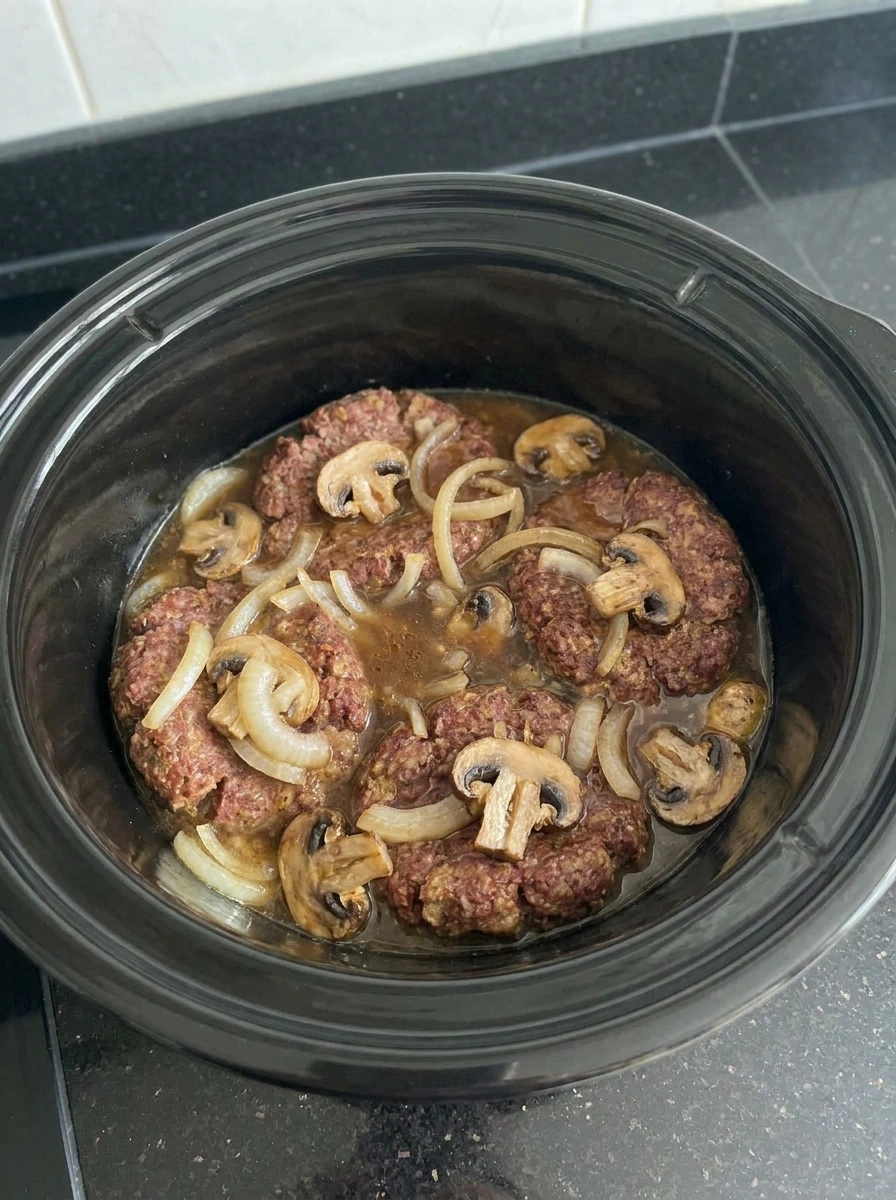 Slow cooked Salisbury steak in thick onion gravy