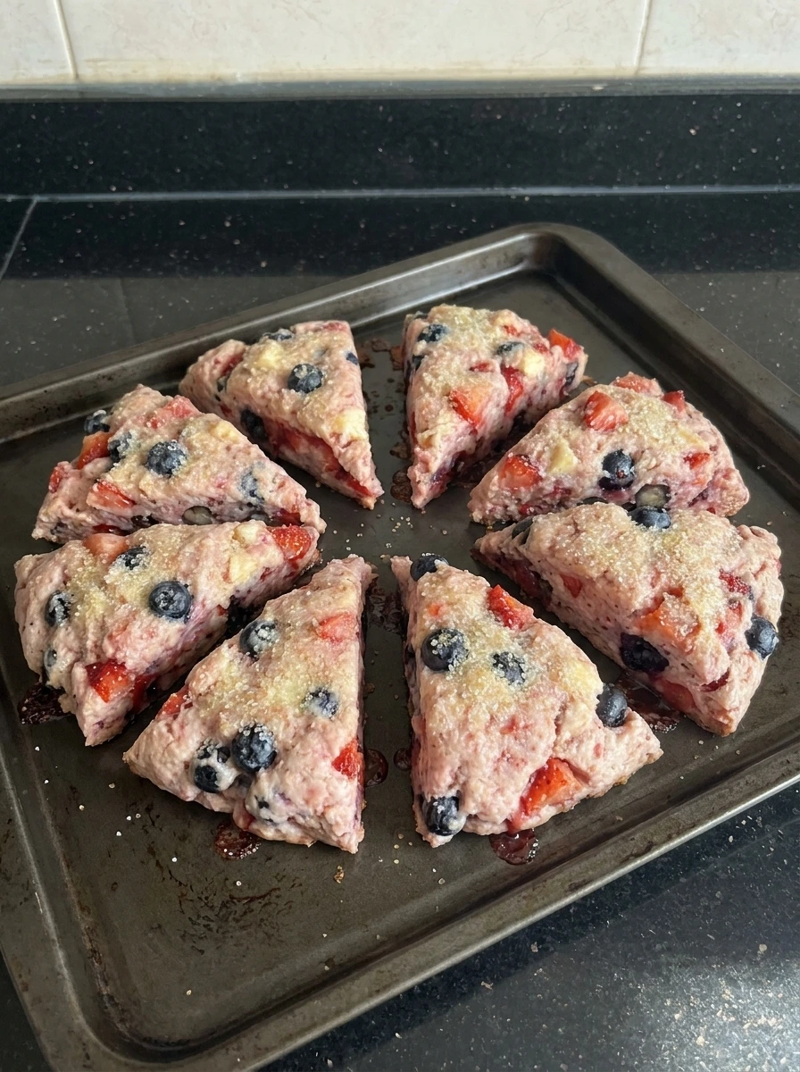 Golden baked Strawberry Blueberry Scones on tray