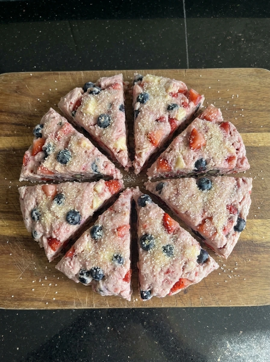 Unbaked Strawberry Blueberry Scones cut into wedges