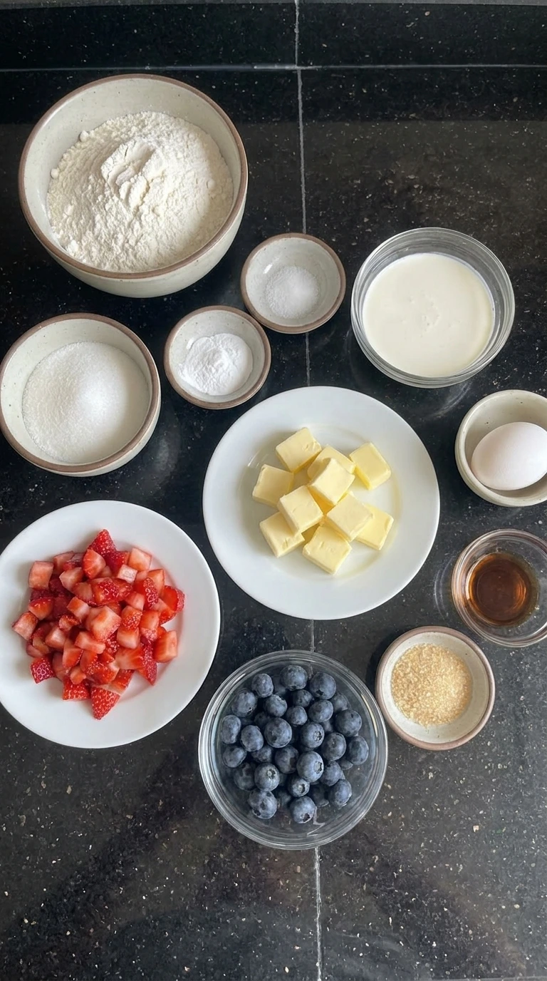 Ingredients for Strawberry Blueberry Scones in separate containers