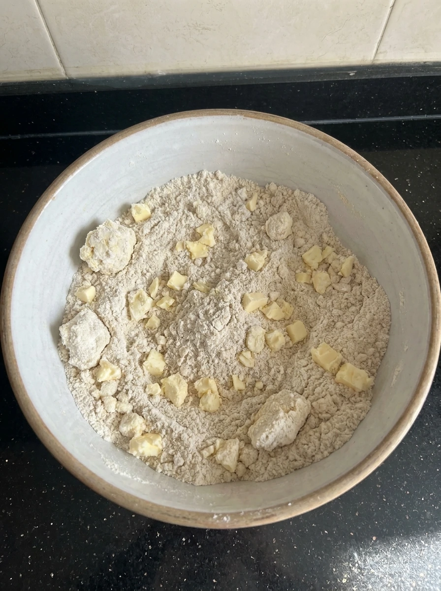 Crumbly butter and flour mixture for Strawberry Blueberry Scones