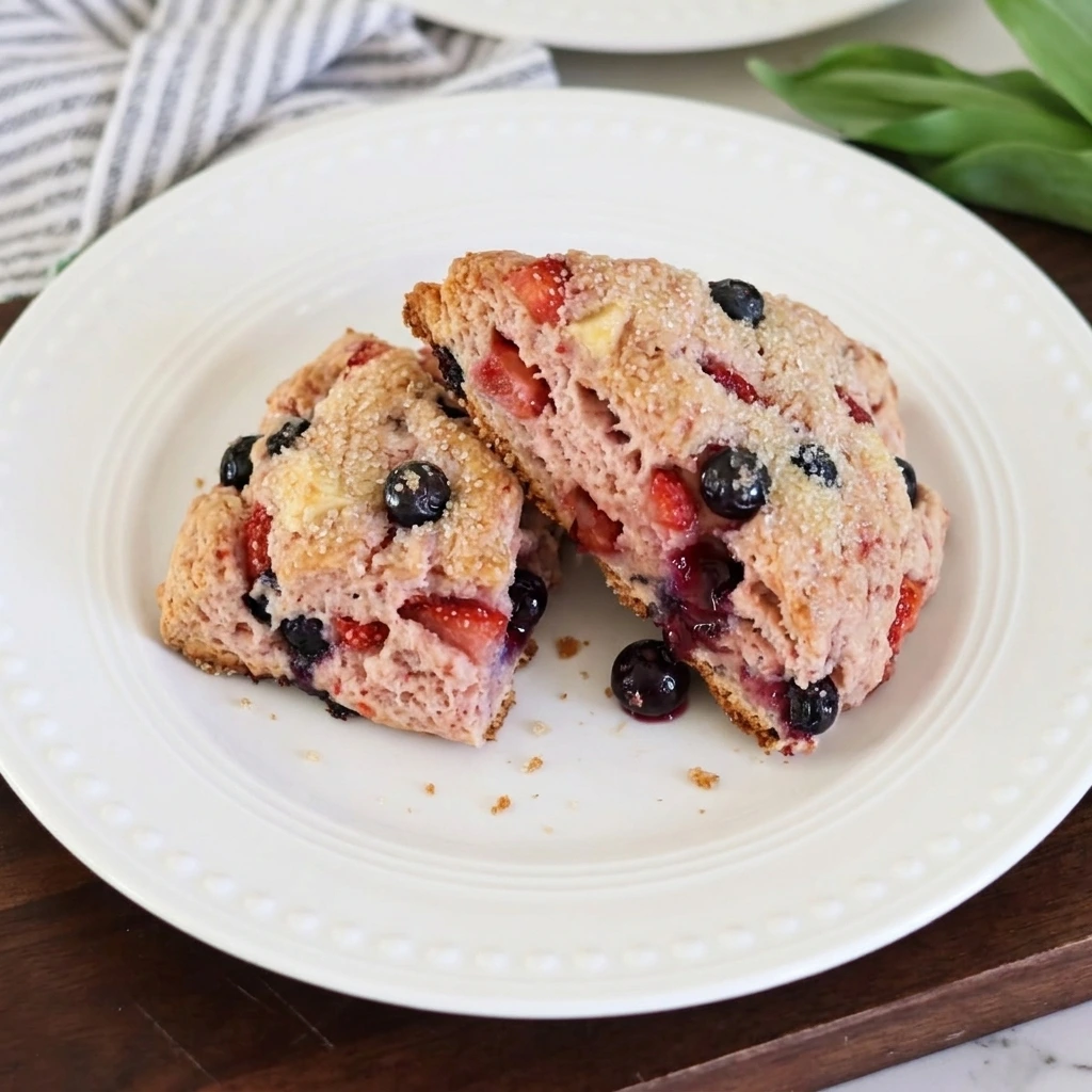 Single Strawberry Blueberry Scone served warm on plate