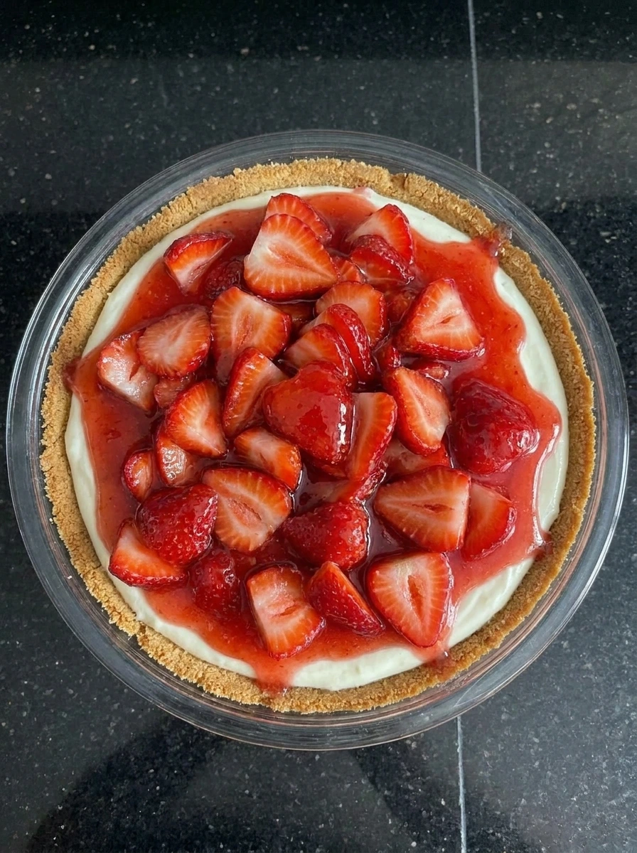 Strawberries layered on cream cheese pie
