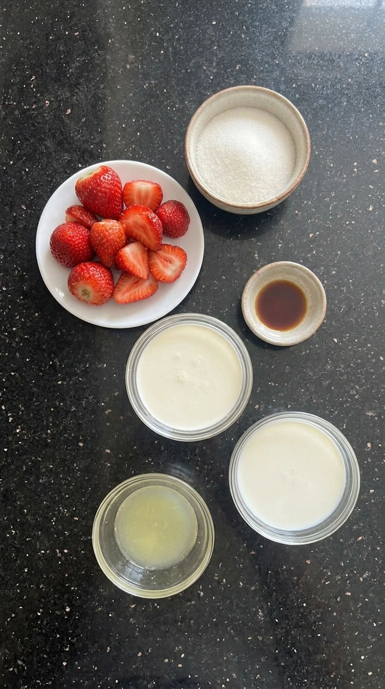 Ingredients for homemade strawberry ice cream in separate containers.