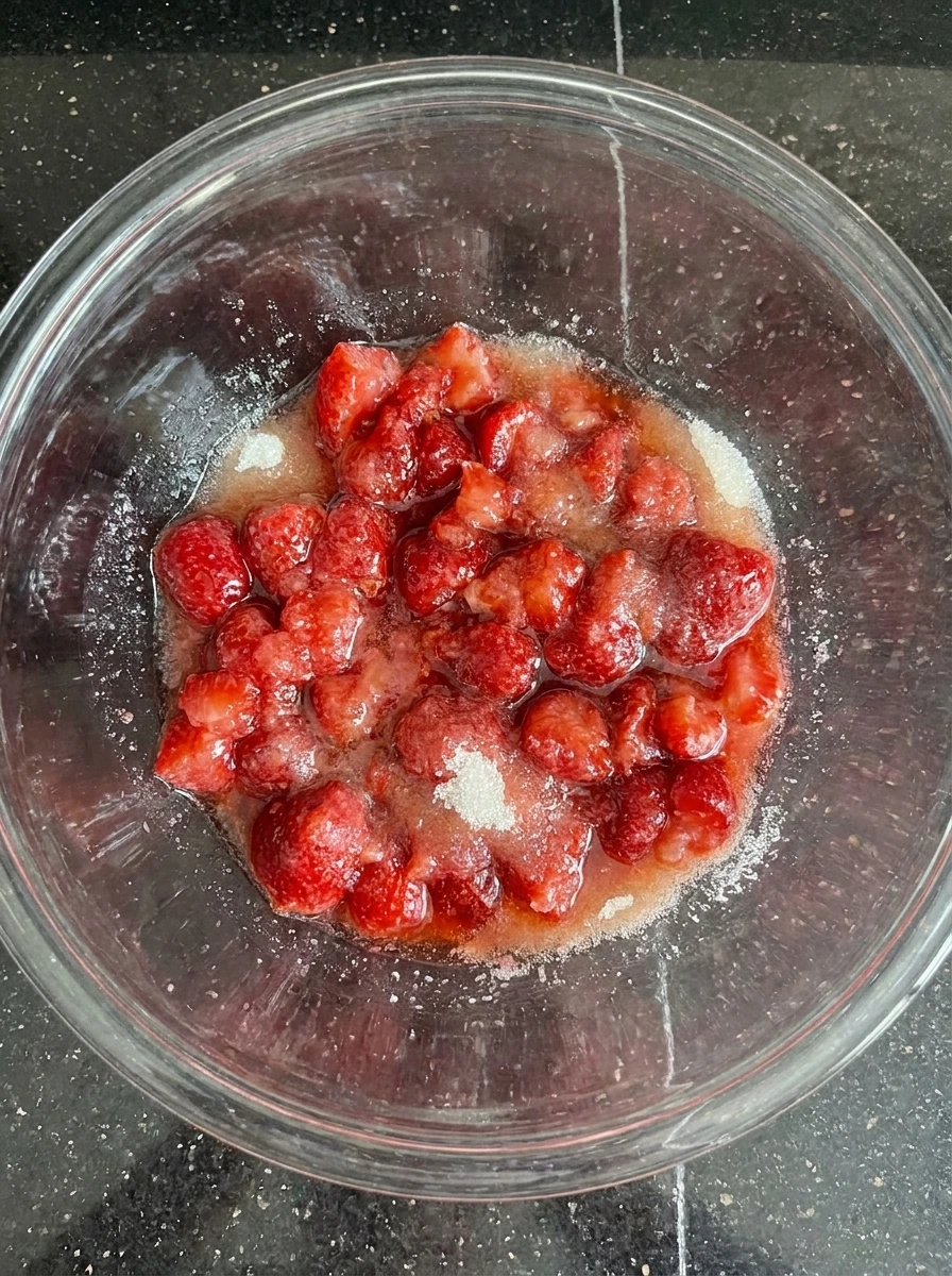 Strawberries mashed with sugar for homemade ice cream.