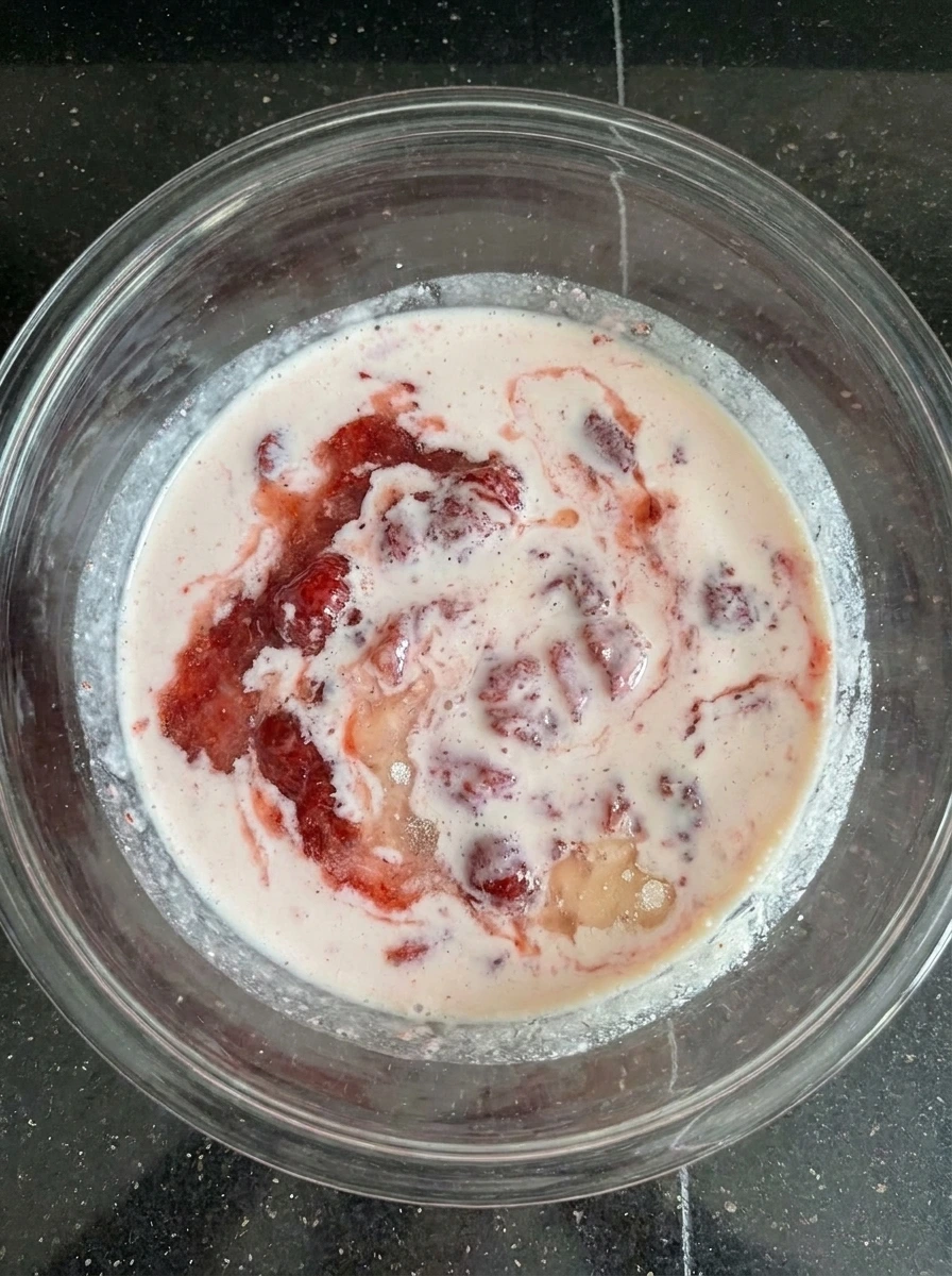 Creamy strawberry mixture before freezing.