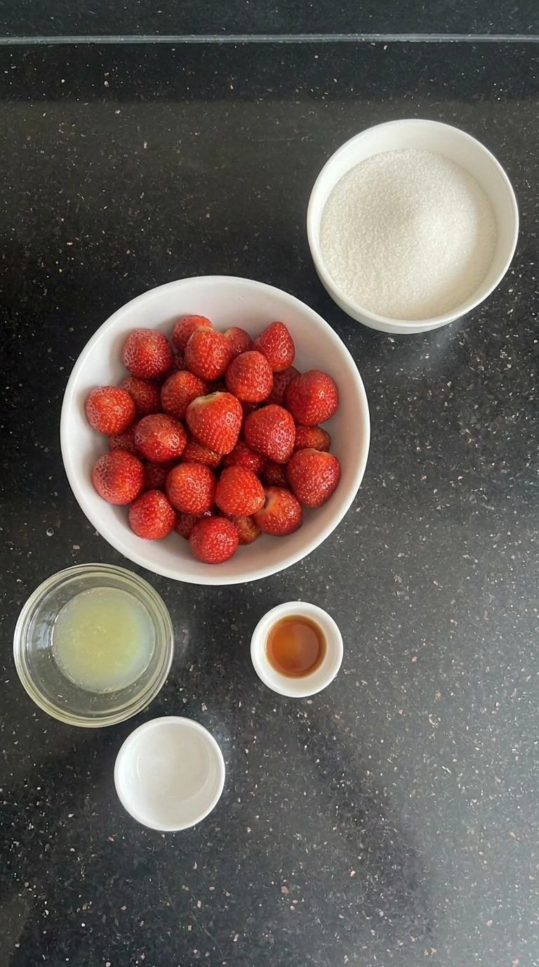 Ingredients for Strawberry Jam separated into small containers