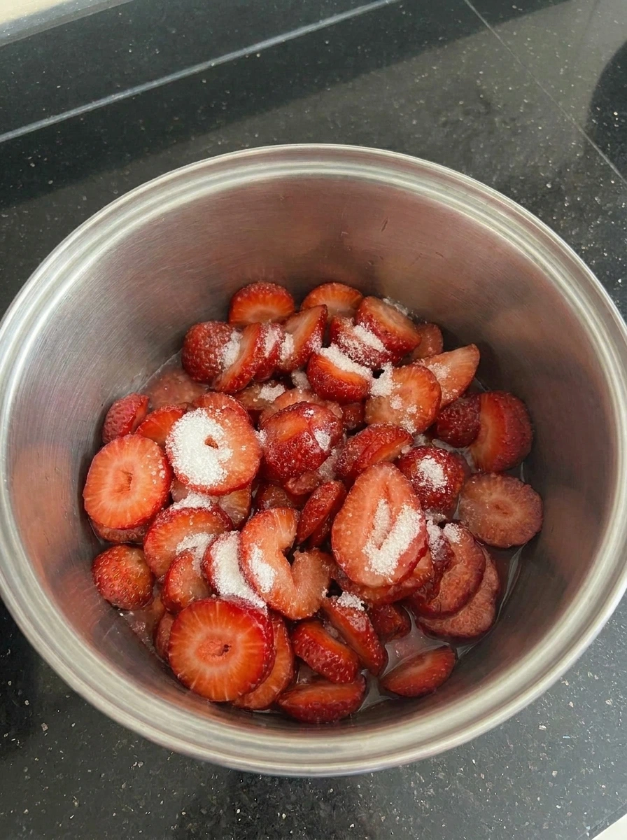 Strawberries mixed with sugar inside pot