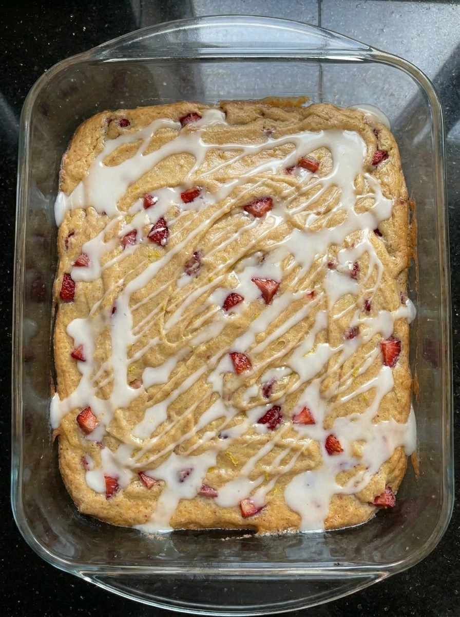 Lemon glaze over Strawberry Lemon Blondies.