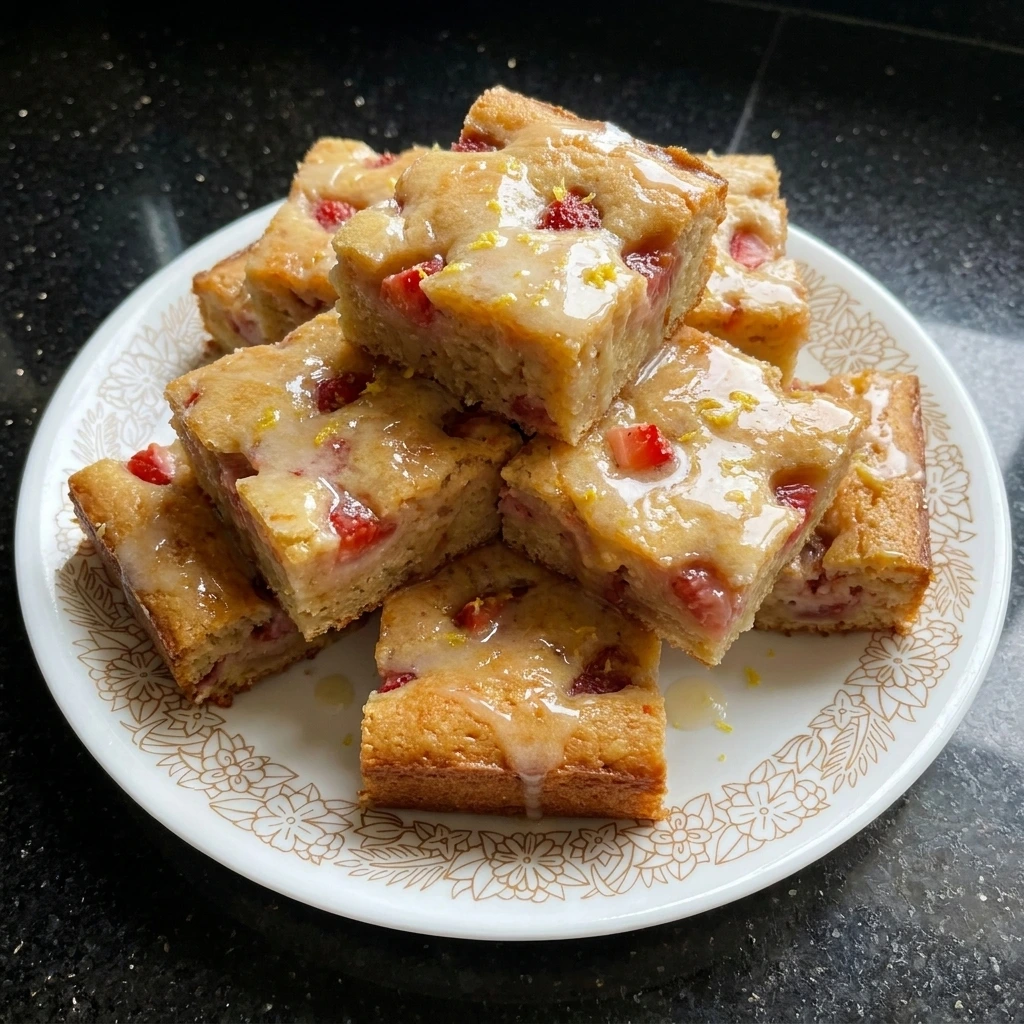 Strawberry Lemon Blondies with lemon glaze and fresh strawberries.