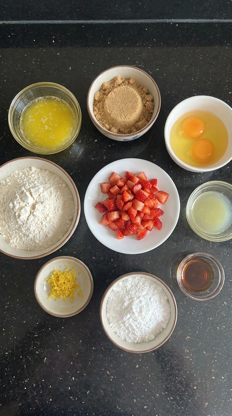 Ingredients for Strawberry Lemon Blondies in separate containers.