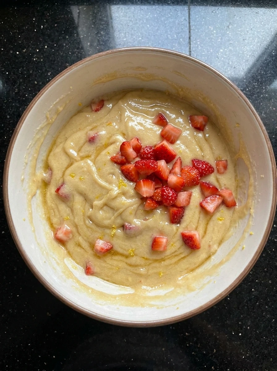 Mixing Strawberry Lemon Blondies batter with strawberries.